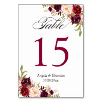 Rustic Burgundy Red Floral Wedding Table Number