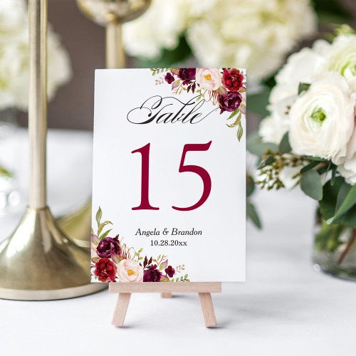 Rustic Burgundy Red Floral Wedding Table Number