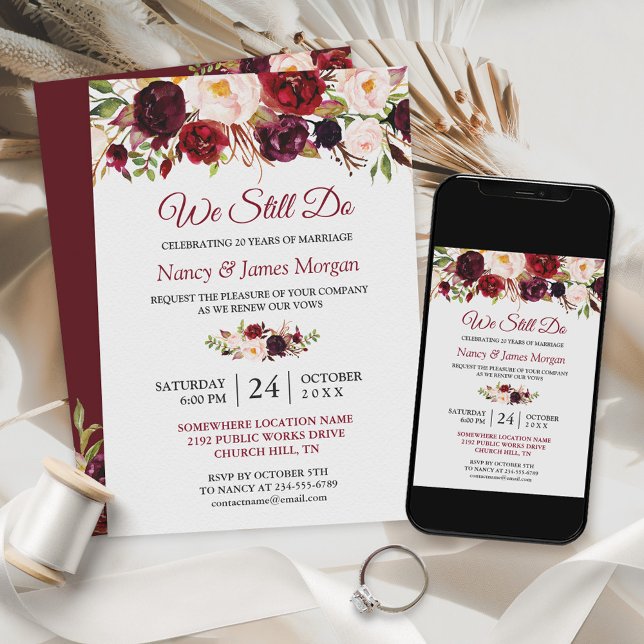 Rustic Burgundy Red Floral Wedding Vow Renewal Invitation (Creator Uploaded)