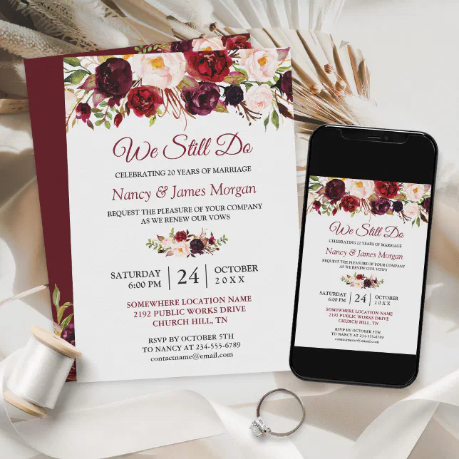 Rustic Burgundy Red Floral Wedding Vow Renewal Invitation Zazzle