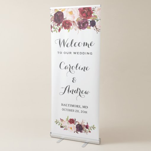 Rustic Burgundy Red Floral Wedding Welcome Retractable Banner | Zazzle