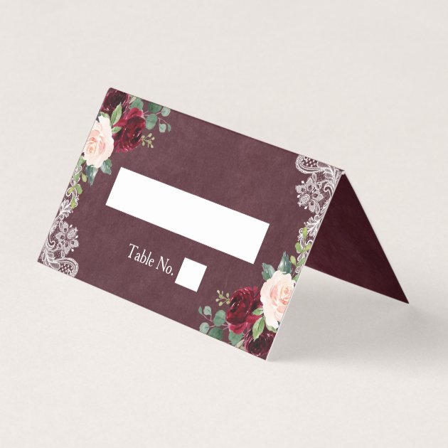 Rustic Burgundy Red Floral White Lace Wedding Place Card