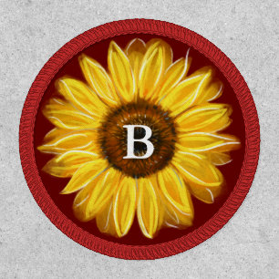 Rustic Burgundy Red Gold Sunflower Monogram Patch