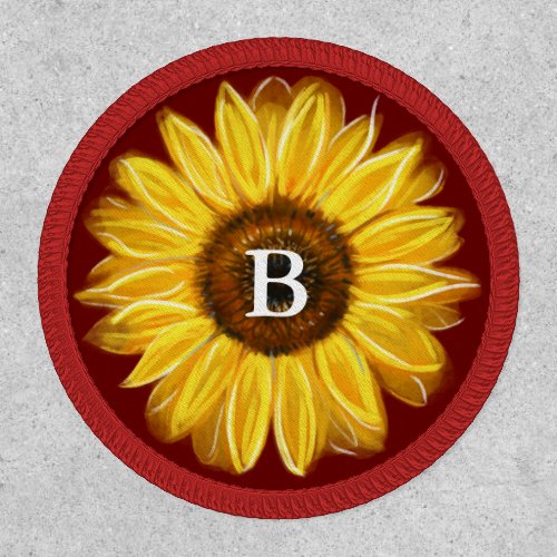 Rustic Burgundy Red Gold Sunflower Monogram Patch