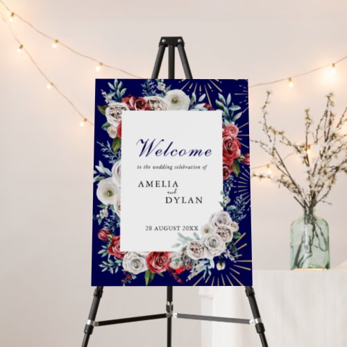 Rustic Burgundy Red Ivory Floral Navy Blue Welcome Foam Board