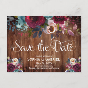 Rustic Burgundy Red Navy Floral Wood Save the Date Announcement Postcard