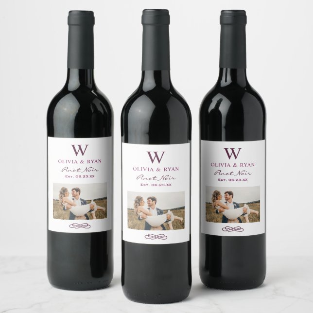 Rustic Burgundy Red Photo Monogram Wedding Wine Label (Bottles)