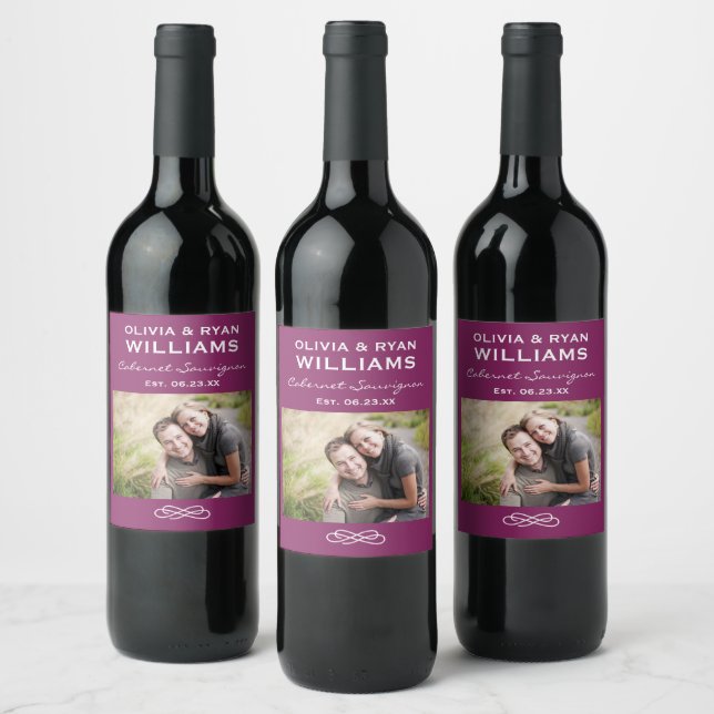 Rustic Burgundy Red Photo Wedding Wine Label (Bottles)