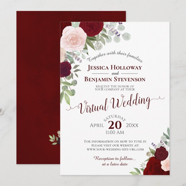 Rustic Burgundy Red & Pink Floral Virtual Wedding Invitation (Front/Back)