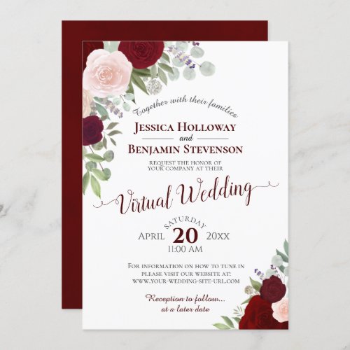 Rustic Burgundy Red  Pink Floral Virtual Wedding Invitation