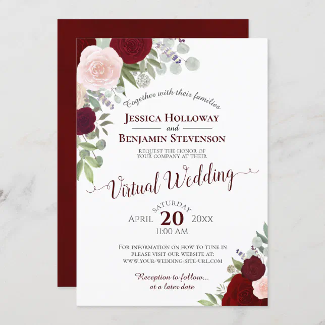 Rustic Burgundy Red & Pink Floral Virtual Wedding Invitation | Zazzle