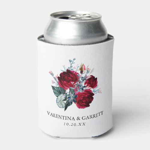 Rustic Burgundy Red Rose Wedding Can Cooler