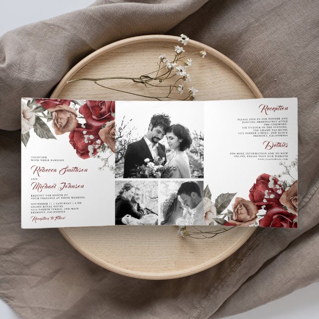 Rustic Burgundy Red Roses Photo Collage Wedding Tri-Fold Invitation (Creator Uploaded)