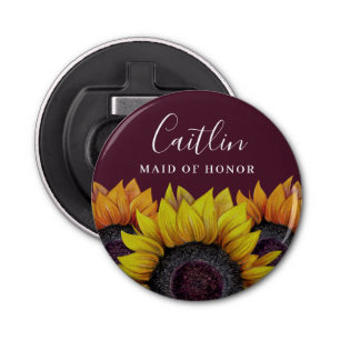 Rustic Burgundy Red Sunflower Maid of Honor Name Bottle Opener