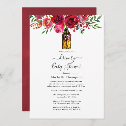 Rustic Burgundy Red Watercolor Drive By Shower Invitation