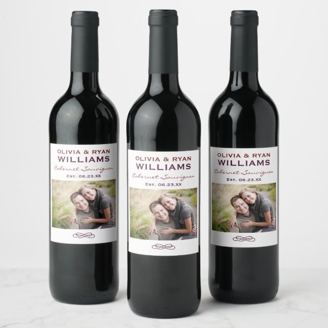 Rustic Burgundy Red Wedding Photo Monogram Wine Label (Bottles)