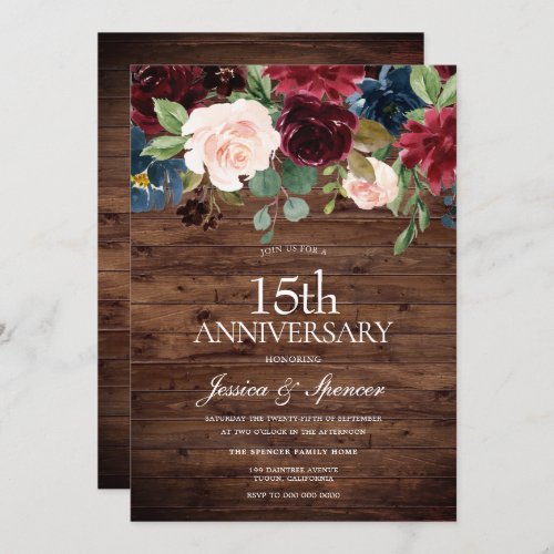 Rustic Burgundy Red Wine 15th Wedding Anniversary Invitation