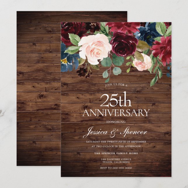 Rustic Burgundy Red Wine 25th Wedding Anniversary Invitation (Front/Back)