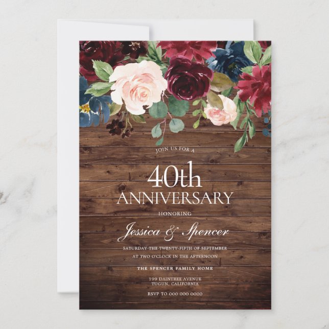 Rustic Burgundy Red Wine 40th Wedding Anniversary Invitation (Front)