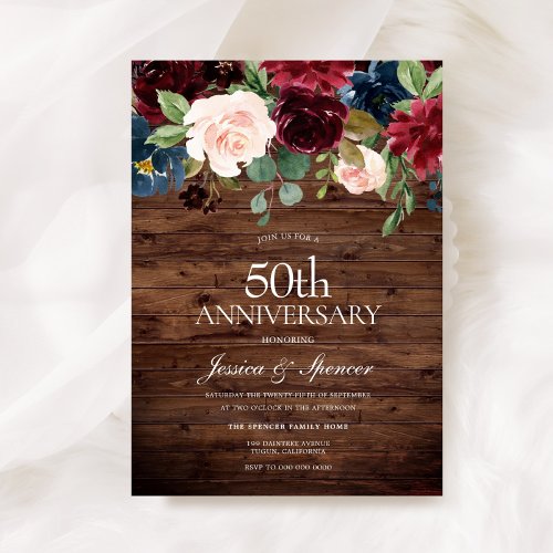 Rustic Burgundy Red Wine 50th Wedding Anniversary Invitation