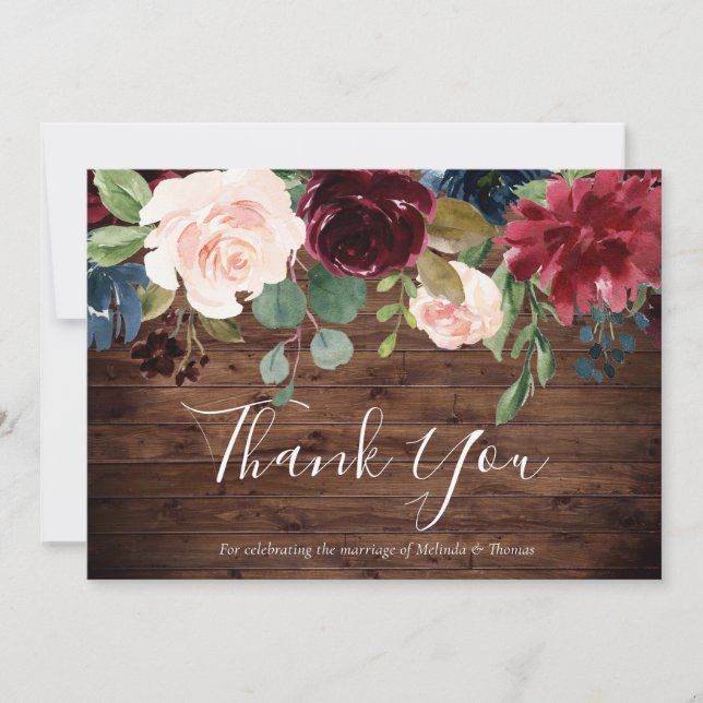 Rustic Burgundy Red Wine & Blush Floral Wedding Thank You Card (Front)