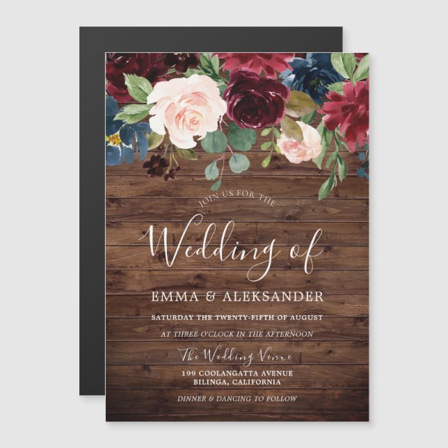 Rustic Burgundy Red Wine Floral Modern Wedding Magnetic Invitation (Front/Back)