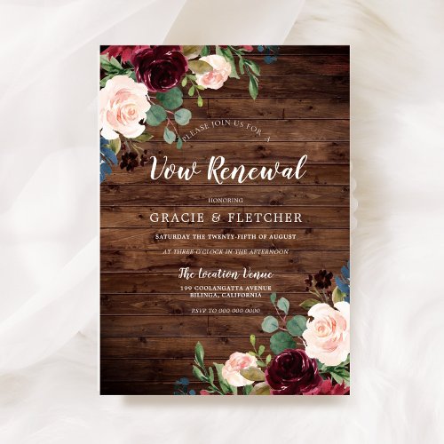 Rustic Burgundy Red Wine Flowers Vow Renewal Invitation