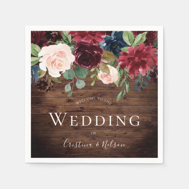 Rustic Burgundy Red Wine Flowers Wedding Napkins (Front)