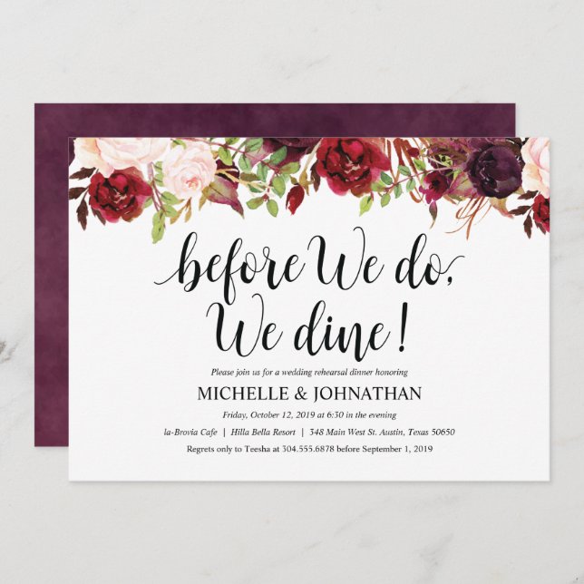 Rustic Burgundy Rehearsal Wedding Dinner Invite (Front/Back)