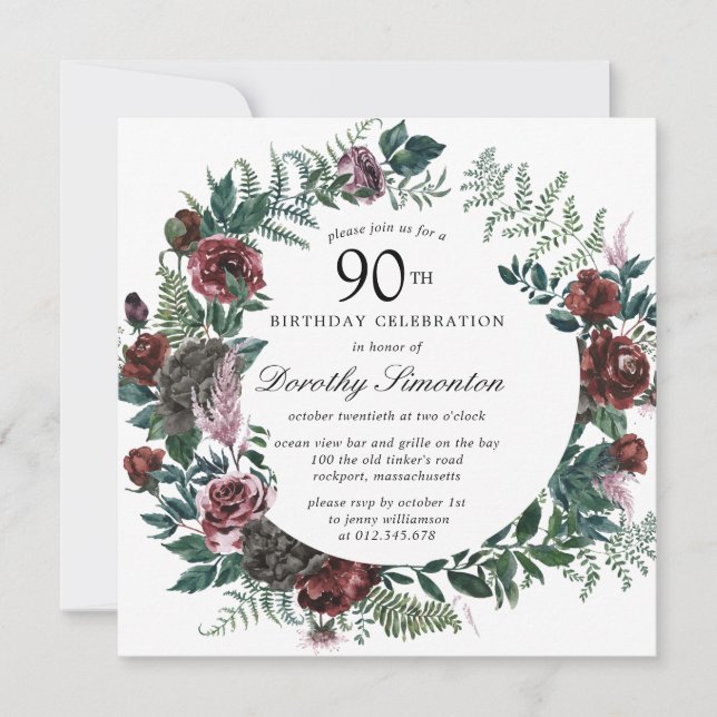 Rustic Burgundy Rose Floral 90th Birthday Invitation (Front)
