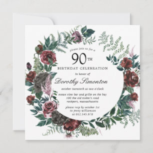Rustic Burgundy Rose Floral 90th Birthday Invitation