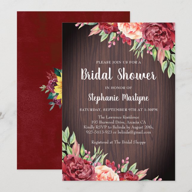Rustic Burgundy Rose Floral Bridal Shower Invitation (Front/Back)