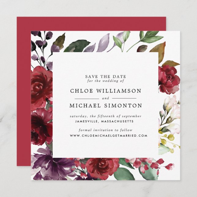 Rustic Burgundy Rose Floral Save the Date Card (Front/Back)