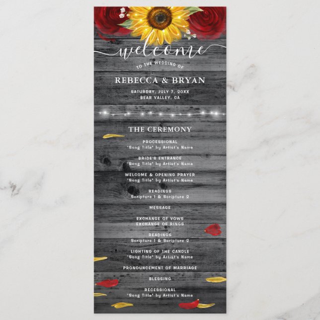 Rustic Burgundy Rose Gold Sunflower Wedding Program (Front)