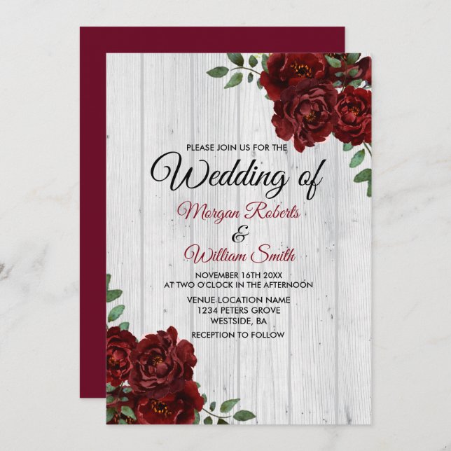 Rustic Burgundy Rose Romantic Wedding Invitation (Front/Back)