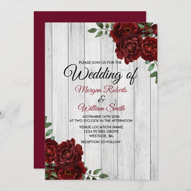 Rustic Burgundy Rose Romantic Wedding Invitation (Front/Back)