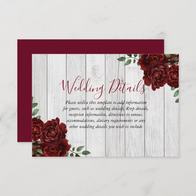 Rustic Burgundy Rose Romantic Wedding Reception Invitation (Front/Back)