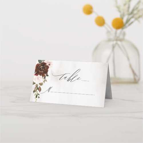 Rustic Burgundy Rose Watercolor Floral Wedding Place Card