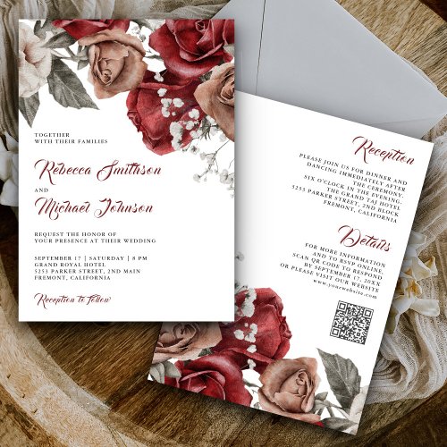 Rustic Burgundy Roses All in One QR Code Wedding Invitation