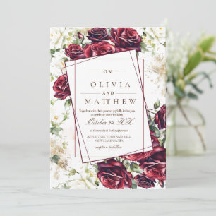 Rustic Burgundy Roses and Gold Floral Wedding Invitation