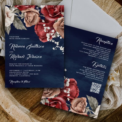 Rustic Burgundy Roses QR Code Navy Blue Wedding Invitation