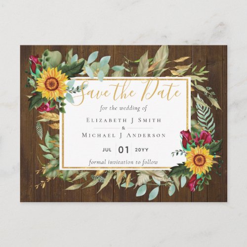 Rustic Burgundy Roses Sunflowers Save the Dates Postcard