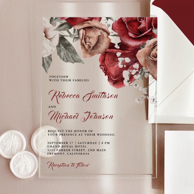 Rustic Burgundy Roses Wedding Acrylic Invitations (Creator Uploaded)
