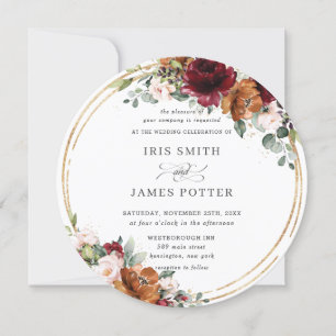 Rustic Burgundy Rust Floral Gold Greenery Wedding Invitation
