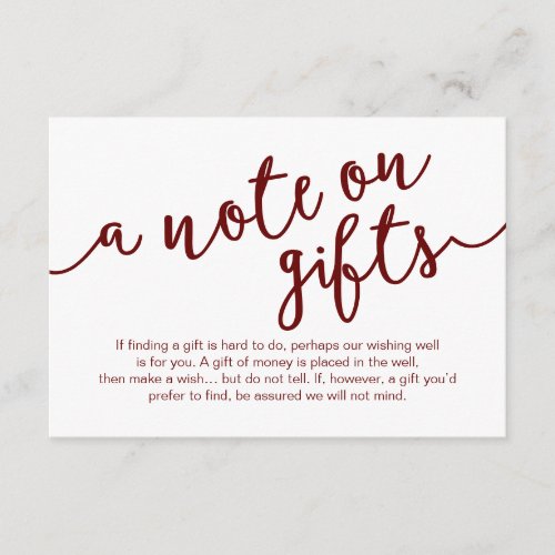 Rustic Burgundy Script A note on gifts Enclosure Card