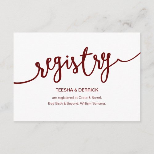 Rustic Burgundy Script Wedding Registry Enclosure Card