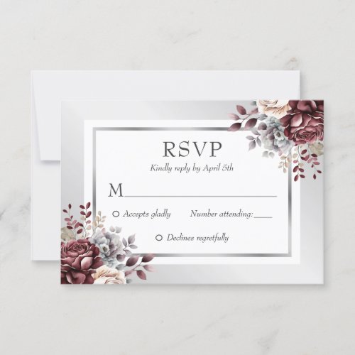 Rustic Burgundy Silver Watercolor Floral Wedding RSVP Card