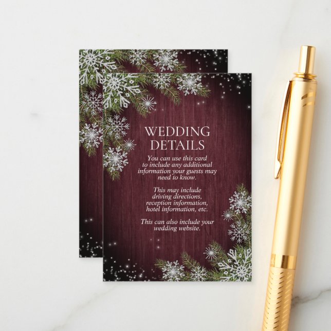 Rustic Burgundy Silver Winter Wood Details Enclosure Card (Front/Back In Situ)