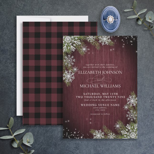 Rustic Burgundy Silver Winter Wood Plaid Wedding Invitation (Creator Uploaded)