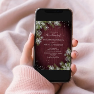 Rustic Burgundy Silver Winter Wood Plaid Wedding Invitation